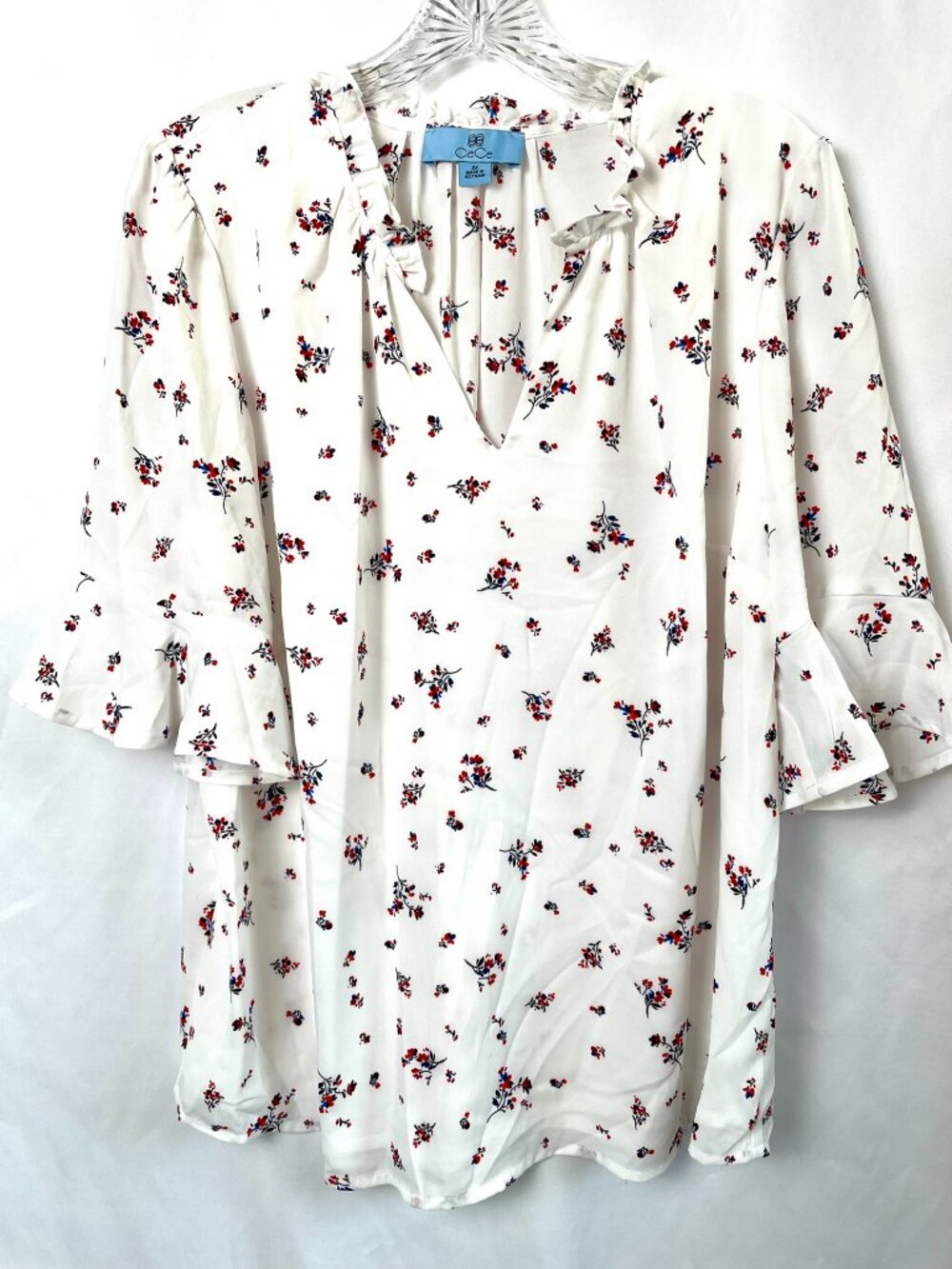 CeCe Ivory and Floral Elbow-Sleeve Tie-Neck Floral-Print Blouse 2X